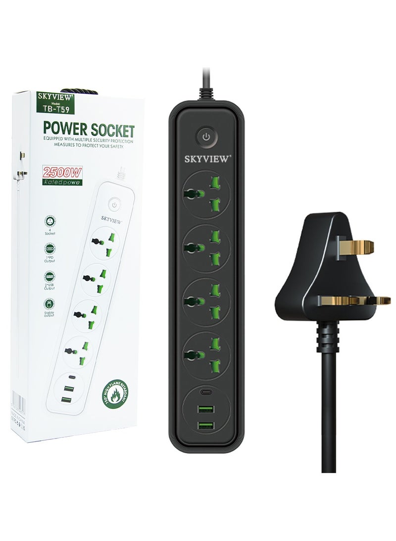 سكاي فيو شريط طاقة واقي من زيادة التيار - سلك تمديد بمقبس مسطح مع 4 منافذ ومنفذين USB ومنفذ واحد من النوع C، سلك طاقة بطول 2 متر (2500 واط/10 أمبير/110 فولت-240 فولت)، مادة مقاومة للحريق من البولي كربونات، مقبس طاقة (أسود) - Image 1