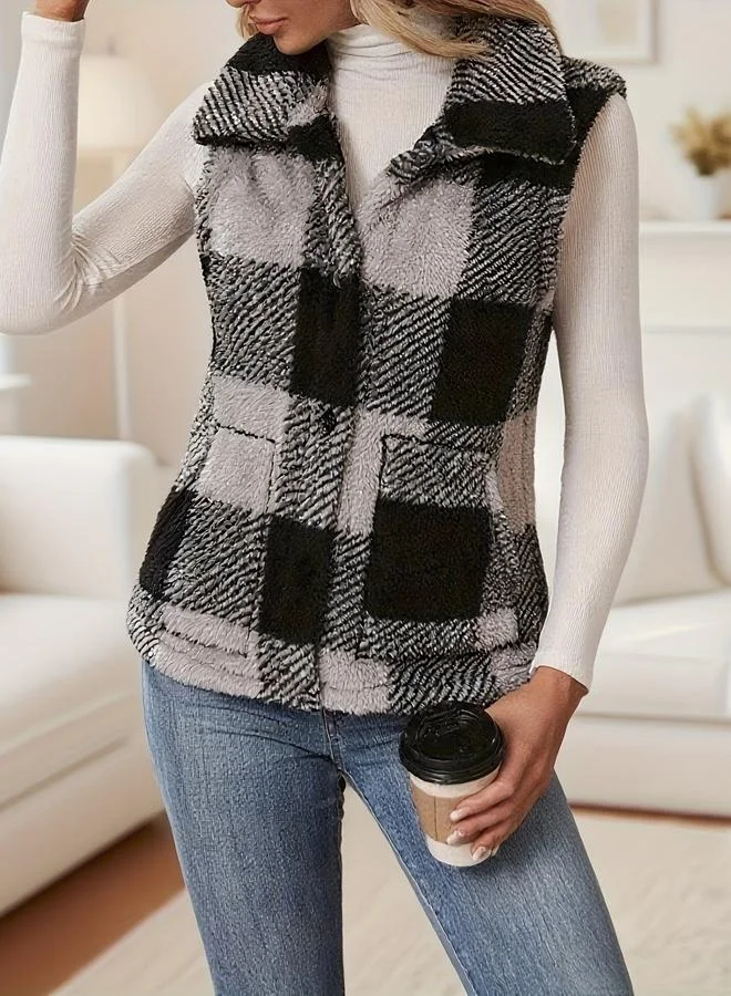 Take Two Take Two Plaid Fleece Vest with Front Button