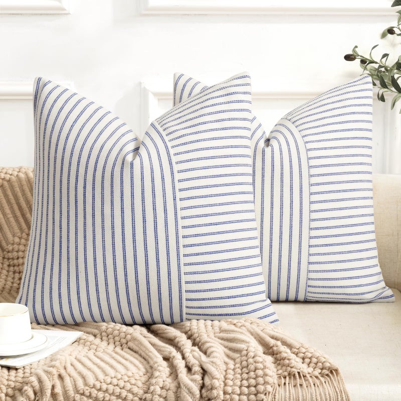 Farmhouse Pillow Covers 18x18 Modern Accent Square Throw Pillow Covers Set of 2 Blue and Beige Striped Patchwork Linen Decorative Pillows Cushion Covers for Couch Chair Bedroom Fall Decorations