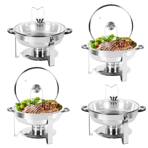 IMACONE Chafing Dish Buffet Set of 4, 5QT Round Stainless Steel Chafer for Catering, Upgraded Chafers and Buffet Warmer Sets with Glass Lid & Holder, Frame, Fuel Holder for Event Party Wedding Holiday - Image 1
