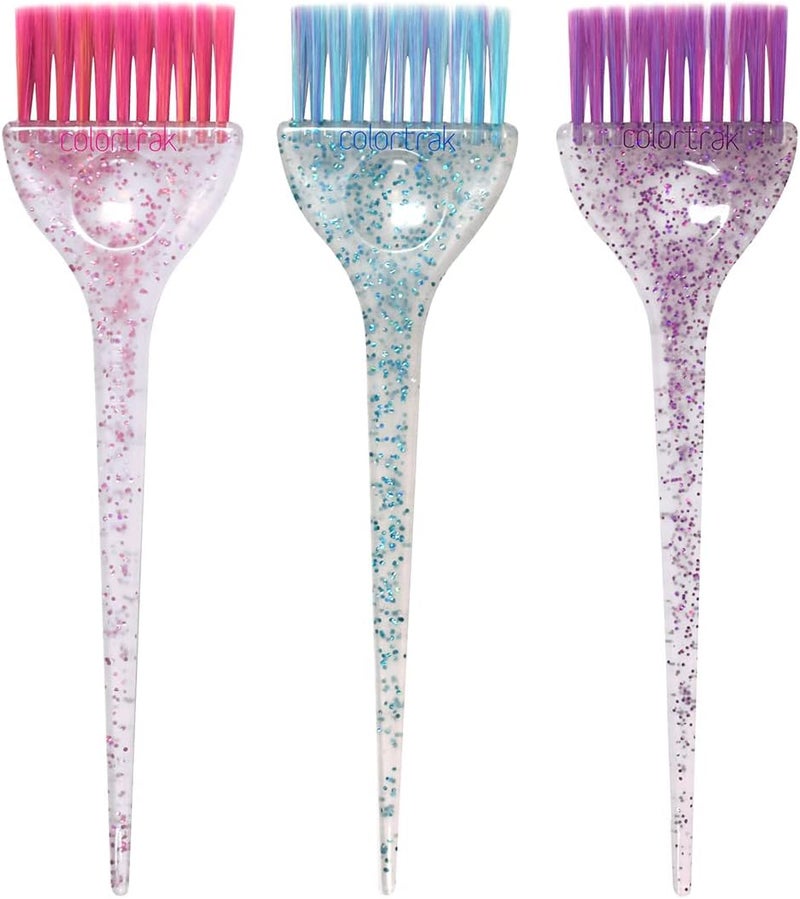 Colortrak 3 Pack Hair Color Brush Set with Glitter Handles for Highlighting, Tint and Coloring Hair Sections - Soft Feathered Bristles Hair Color Application 3.5 x 11 inch - Image 1