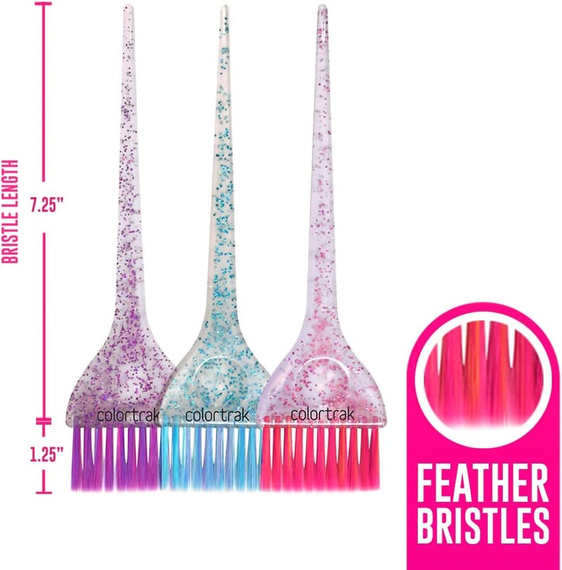 Colortrak 3 Pack Hair Color Brush Set with Glitter Handles for Highlighting, Tint and Coloring Hair Sections - Soft Feathered Bristles Hair Color Application 3.5 x 11 inch - Image 3