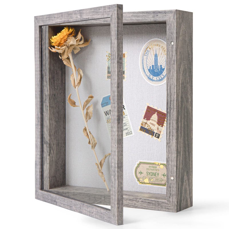 Califortree 8x10 Shadow Box Frame with Linen Back - Sturdy Memory Display Case of Flower  Pictures  Medals and More  Rustic Gray