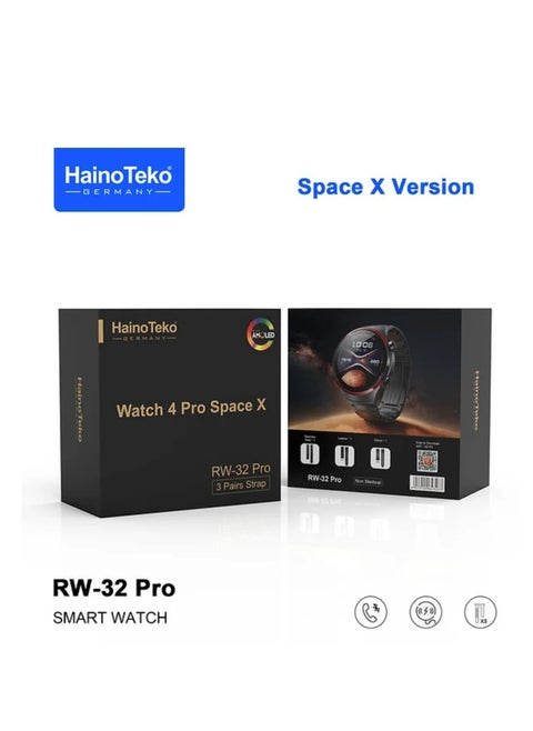 Haino Teko Germany Men’s Smartwatch 4 Pro RW32 Round AMOLED Display HD Curved Screen Bluetooth Calling Fitness Tracker Heart Rate Monitor 3 Changeable Straps Wireless Charger Waterproof Stylish Space X Version Smart Watch for Android & iPhone