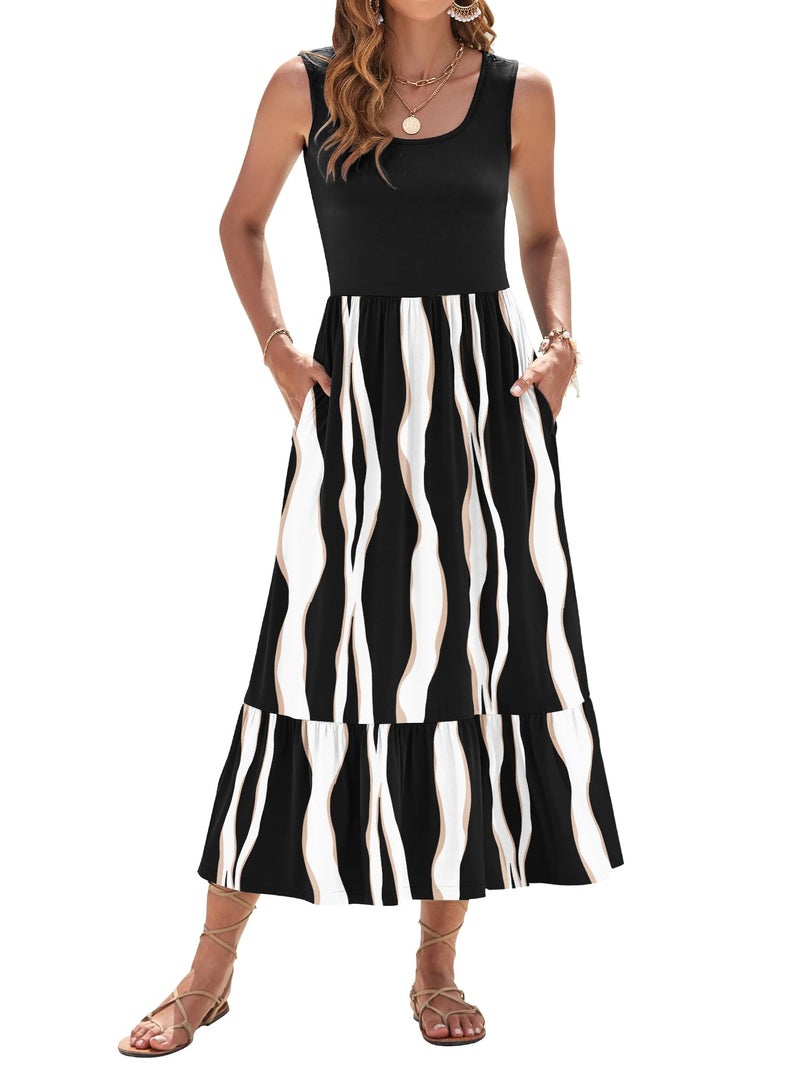 AUSELILY Womens Summer Dresses Square Neck Sleeveless Casual Maxi Dress with Pockets, Black Irregular Strip M - Image 2