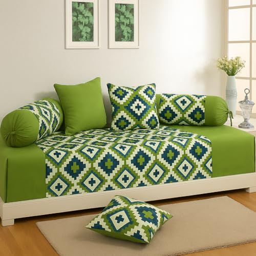Swayam 200TC Diwan Set Pure Cotton 6 Pcs | Deewan Geometric Printed Bedsheet Set for Living Room Hall (1-Bed Sheet 60x90 Inch | 2-Bolster Cover 30x30 Inch | 3 Cushion Cover 16x16 Inch) - Green - Image 4