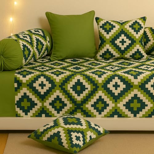 Swayam 200TC Diwan Set Pure Cotton 6 Pcs | Deewan Geometric Printed Bedsheet Set for Living Room Hall (1-Bed Sheet 60x90 Inch | 2-Bolster Cover 30x30 Inch | 3 Cushion Cover 16x16 Inch) - Green - Image 3