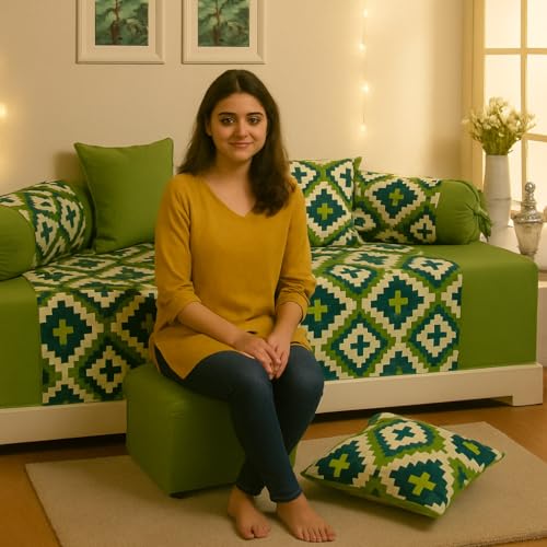 Swayam 200TC Diwan Set Pure Cotton 6 Pcs | Deewan Geometric Printed Bedsheet Set for Living Room Hall (1-Bed Sheet 60x90 Inch | 2-Bolster Cover 30x30 Inch | 3 Cushion Cover 16x16 Inch) - Green - Image 2