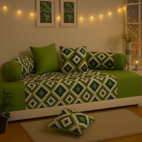 Swayam 200TC Diwan Set Pure Cotton 6 Pcs | Deewan Geometric Printed Bedsheet Set for Living Room Hall (1-Bed Sheet 60x90 Inch | 2-Bolster Cover 30x30 Inch | 3 Cushion Cover 16x16 Inch) - Green - Image 1