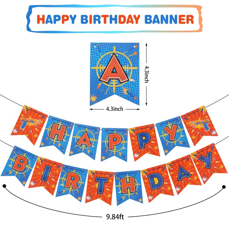 Skylety 53 Pieces Dart Battle Birthday Party Supplies Dart Gun Birthday Decorations Include Gun Happy Banner Paper Flower Pom Hanging Swirls Latex Balloons Tassel Garland Cake Cupcake Topper - Image 2