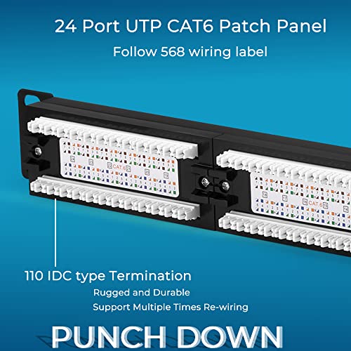 Rapink Patch Panel 24 Port Cat6 10G Support, Network Panel UTP 19-Inch, Wallmount or Rackmount 1U Ethernet Patch Panel Punch Down Block for Cat6, Cat5e, Cat5 Cabling - Image 4