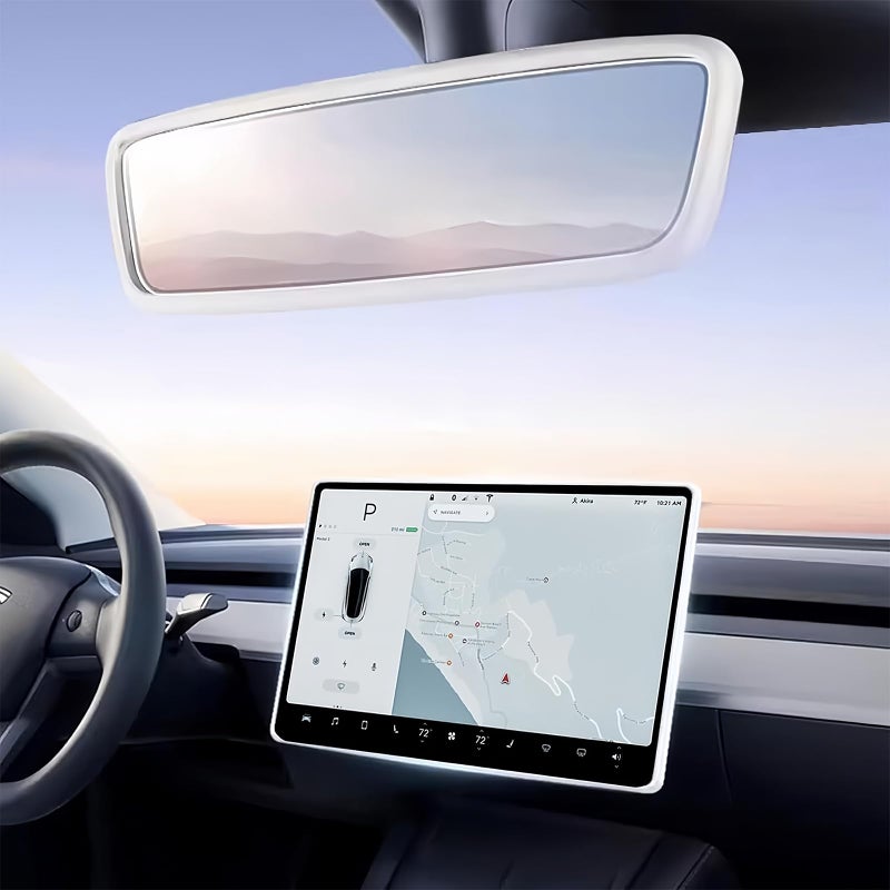 2PCS Protector Trim Frame Compatible with Tesla Model 3 Y 20202024 2026 Screen Edge Frame Rearview Mirror Cover Interior Silicone Decorations Center Console Decor Highland Juniper Accessories White