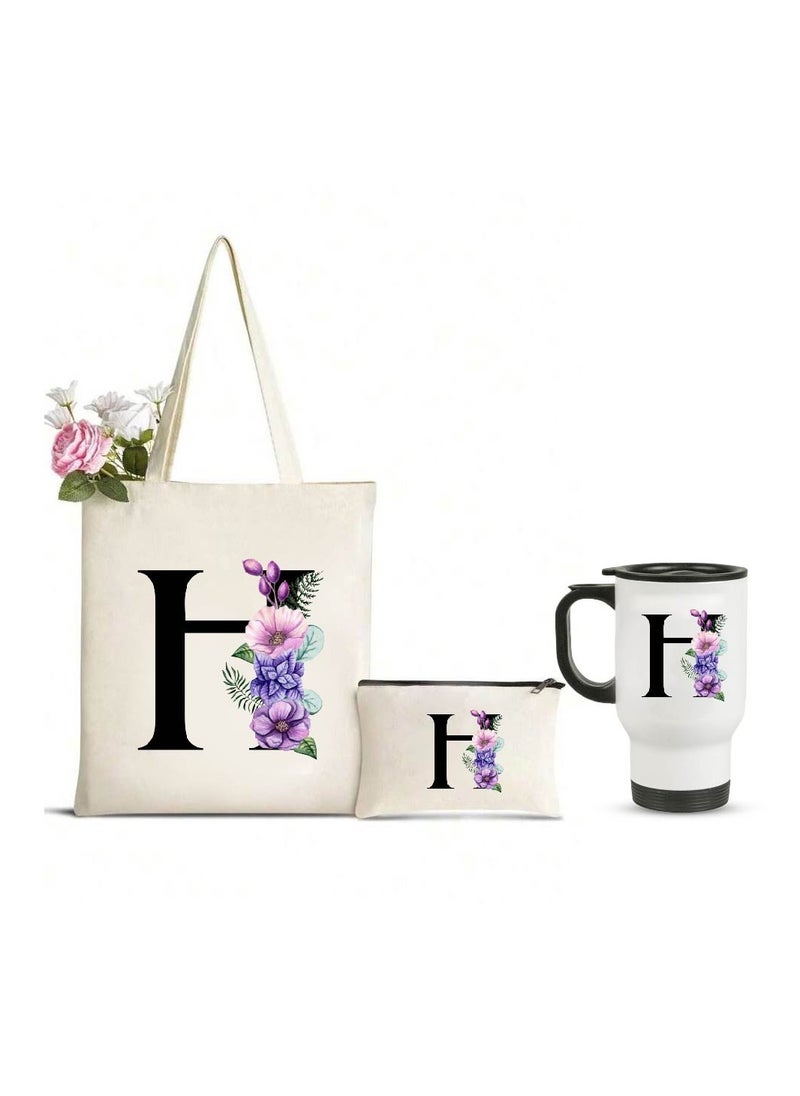 PRINTSHOP4ME Initial Letters Canvas Cotton Tote Bag, Cosmetic Pouch, and Stainless Steel Travel Mug - A Stylish Pack of 3 Combo Set for Girls - Gift for wedding - Gifts for girls - Gift for friends  - Image 1