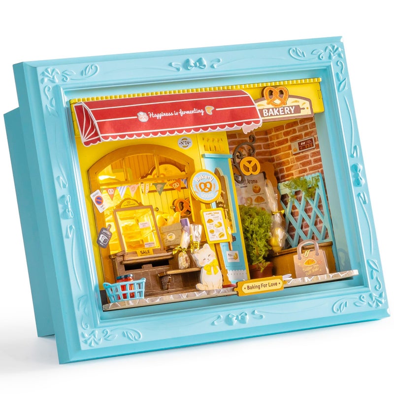 Rolife DIY Miniature House Kit, Mini Wooden Dollhouse Kit for Adults to Build, 3D Shadow Box Frame Home Wall Hanging Decor Diorama Kit, for Girls Women Teens-Fluffy Cat Bakery - Image 1