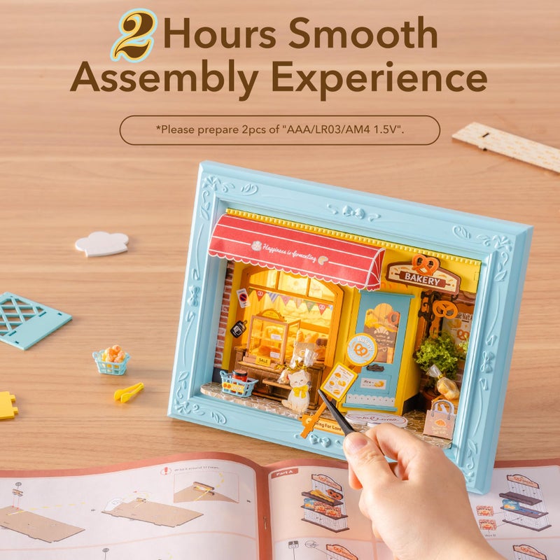 Rolife DIY Miniature House Kit, Mini Wooden Dollhouse Kit for Adults to Build, 3D Shadow Box Frame Home Wall Hanging Decor Diorama Kit, for Girls Women Teens-Fluffy Cat Bakery - Image 4