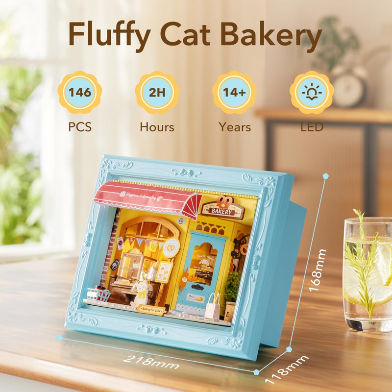 Rolife DIY Miniature House Kit, Mini Wooden Dollhouse Kit for Adults to Build, 3D Shadow Box Frame Home Wall Hanging Decor Diorama Kit, for Girls Women Teens-Fluffy Cat Bakery - Image 2
