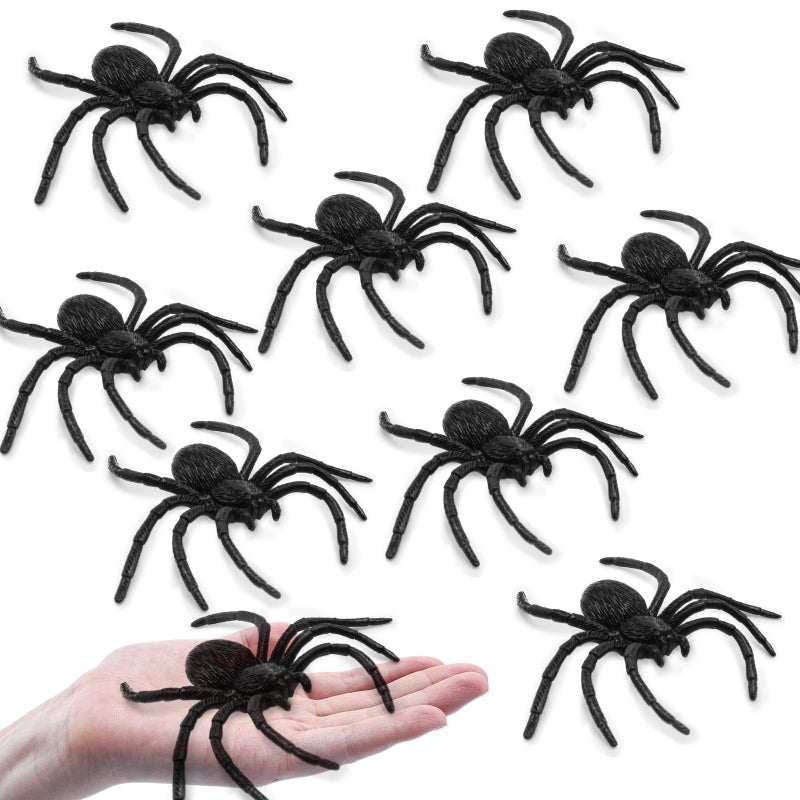 Nelisylux Plastic Spiders Halloween Decorations  Halloween Spider  Fake Spiders  8Pcs Black Large Spider Web Decoration  Realistic Fun Toys Prank Props Scare Practical Surprise Joke Party Decor  3.9 X 3.7 Inch - Image 1