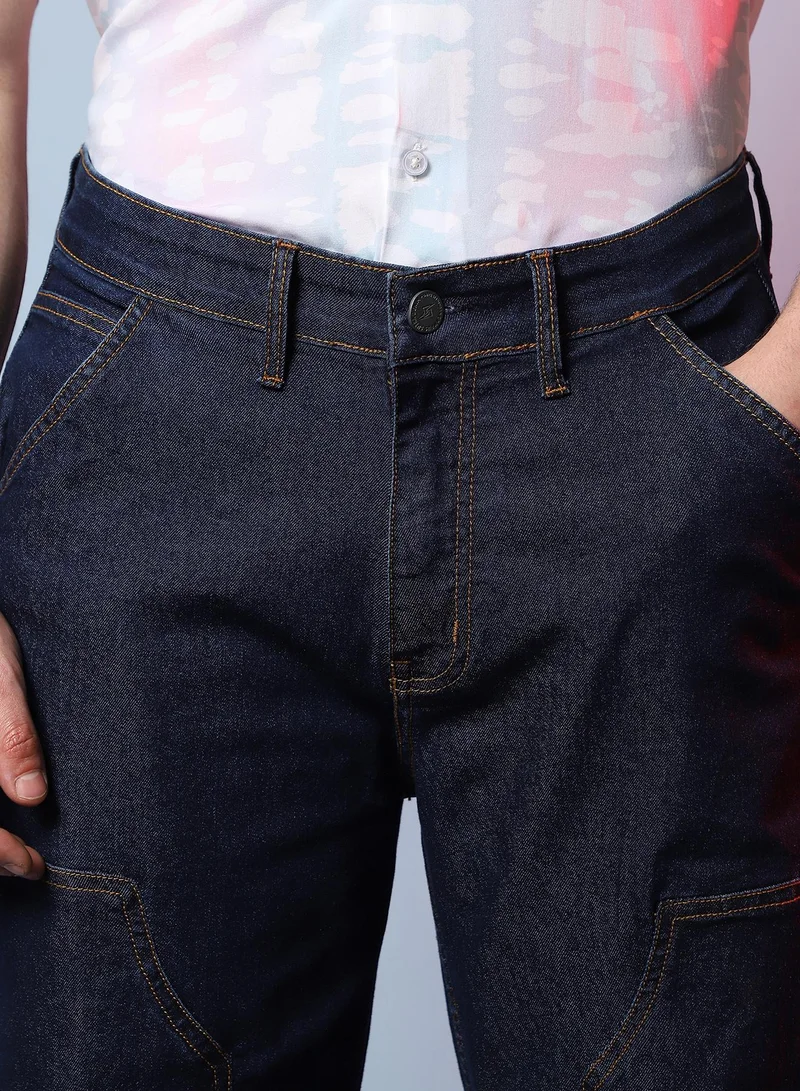 Campus Sutra Men's Navy Blue Paneled Patch Pocket Denim Jeans