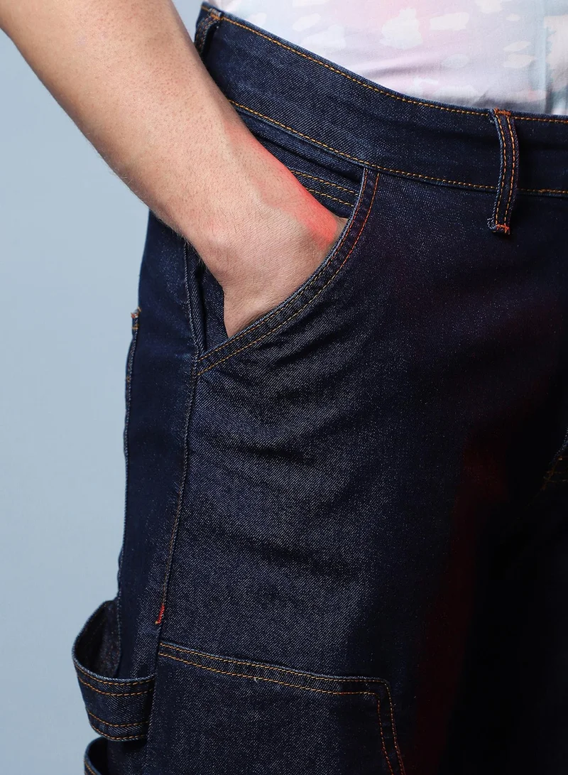 Campus Sutra Men's Navy Blue Paneled Patch Pocket Denim Jeans