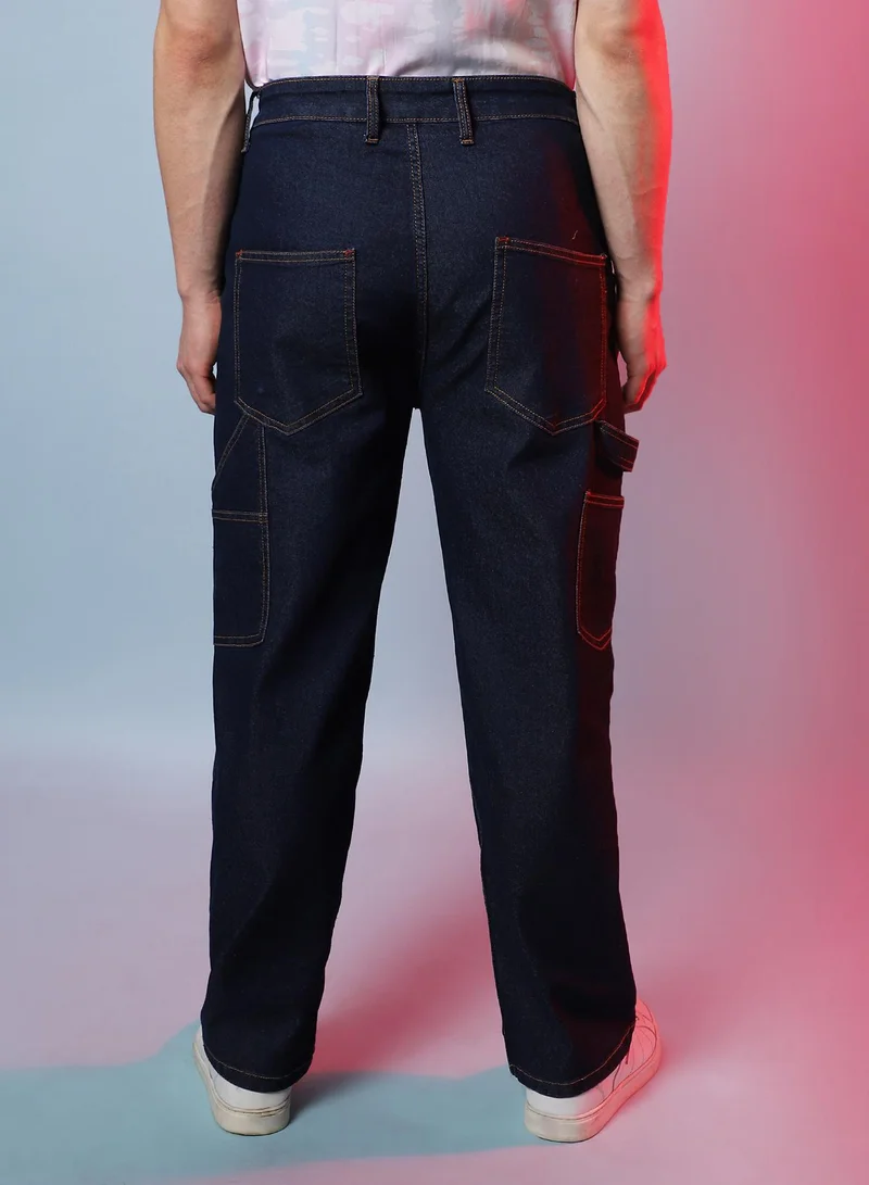 Campus Sutra Men's Navy Blue Paneled Patch Pocket Denim Jeans