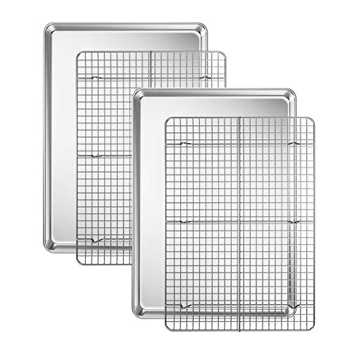 طقم صينية خبز مع رف تبريد 2 صينية 2 رف ديدرو من الفولاذ المقاوم للصدأ صواني بسكويت نصفية صينية فرن مع رف 173 × 123 × 1 بوصة قوية غير سامة آمنة للغسل في غسالة الصحون