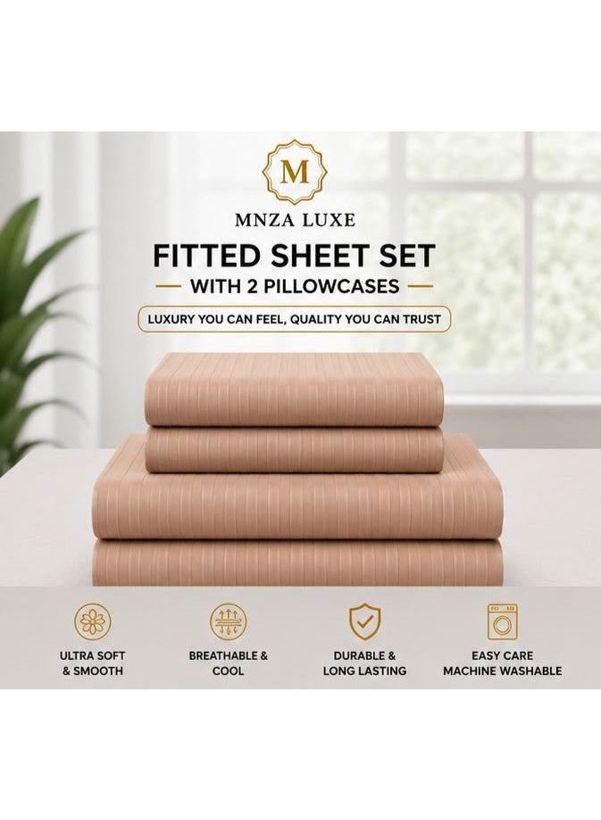MNZA LUXE طقم ملاءة سرير مايكروفايبر مخططة بخطوط 1 سم، ملاءة سرير مطاطية واحدة + غطاءا وسادتين | فائقة النعومة، قابلة للتنفس ومقاومة للتجاعيد | جملي - Image 4