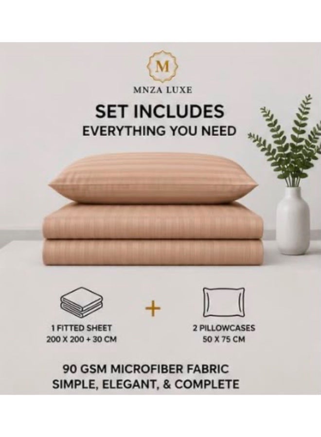 MNZA LUXE طقم ملاءة سرير مايكروفايبر مخططة بخطوط 1 سم، ملاءة سرير مطاطية واحدة + غطاءا وسادتين | فائقة النعومة، قابلة للتنفس ومقاومة للتجاعيد | جملي - Image 2