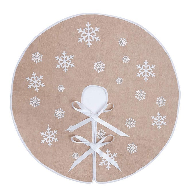 Christmas Tree Skirt 35 Inch Countryside Burlap Tree Mat with White Snowflake Printed for Xmas Tree New Year Farmhouse Holiday Party Indoor Home DecorationsKahki