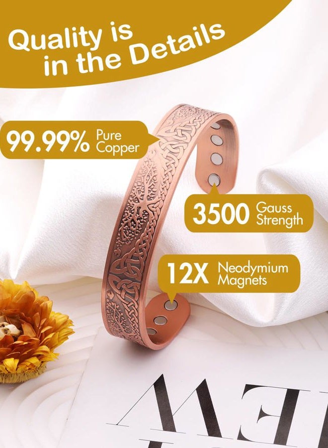 Feraco Mens Copper Bracelets for Arthritis Pain & Carpal Tunnel Magnetic Therapy Bracelet for Men Women with Ultra Strong Magnets Tree of Life Pattern Adjustable Cuff Bangle (Copper) - Image 3
