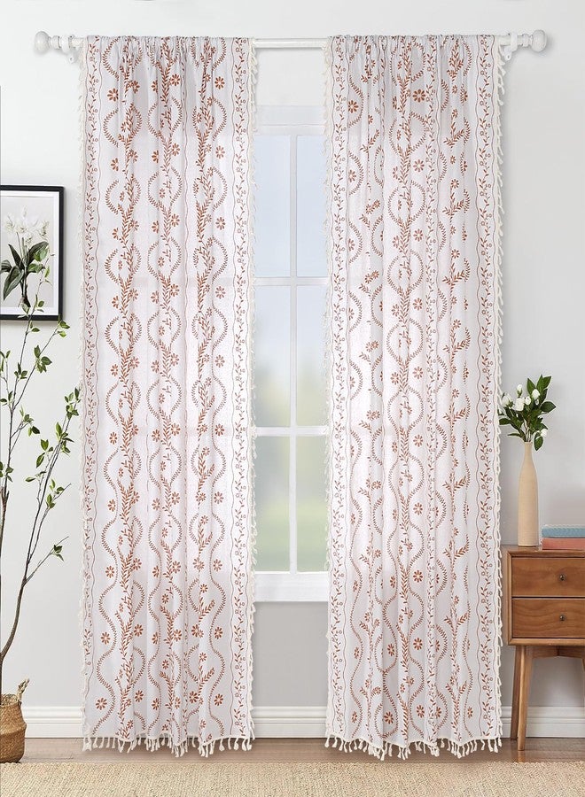 Schweek Boho Curtains 84 Inch Length Farmhouse Curtains for Living Room 2 Panels, Linen Semi Sheer Vintage Farmhouse Floral Curtain Rustic Curtain Drapes - Image 2