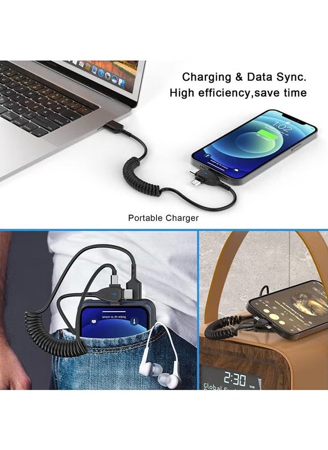 اتش واي 3 في 1 ملفوف كابل البرق لفائف السيارة كابل شاحن اي فون، كابل USB شاحن سريع متوافق مع لايتنينج تايب-سي مايكرو يو إس بي لآيفون 16 14 13 12 11 XS XR X 8 7 دعم دائرة الرقابة الداخلية الروبوت أقراص PC  - Image 4