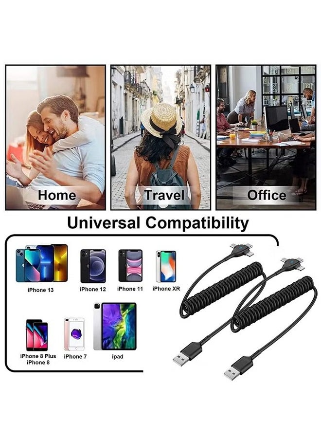 اتش واي 3 في 1 ملفوف كابل البرق لفائف السيارة كابل شاحن اي فون، كابل USB شاحن سريع متوافق مع لايتنينج تايب-سي مايكرو يو إس بي لآيفون 16 14 13 12 11 XS XR X 8 7 دعم دائرة الرقابة الداخلية الروبوت أقراص PC  - Image 3