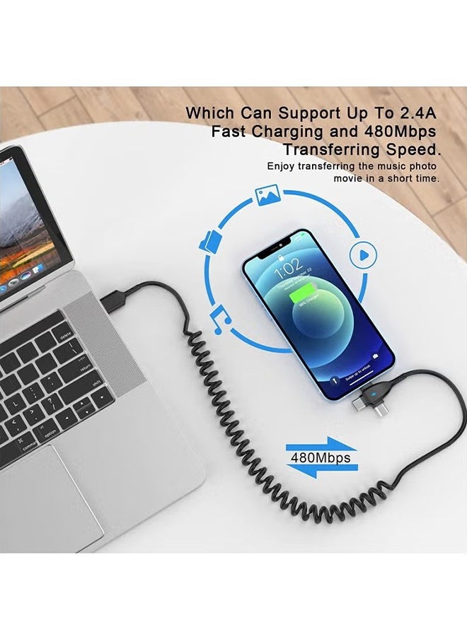 اتش واي 3 في 1 ملفوف كابل البرق لفائف السيارة كابل شاحن اي فون، كابل USB شاحن سريع متوافق مع لايتنينج تايب-سي مايكرو يو إس بي لآيفون 16 14 13 12 11 XS XR X 8 7 دعم دائرة الرقابة الداخلية الروبوت أقراص PC  - Image 2
