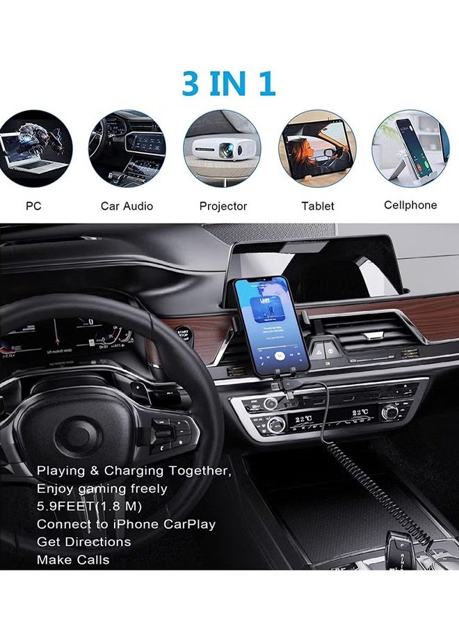 HY - 3 in 1 Coiled Lightning Cable for Car Coil iPhone Charger Cable, USB Cable Fast Charger Compatible with Lightning Type-C Micro USB for iPhone 16 14 13 12 11 XS XR X 8 7 Support iOS Android Tablets PC - Image 1