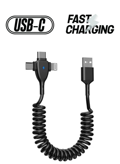 3 in 1 Coiled Lightning Cable for Car Coil iPhone Charger Cable, USB Cable Fast Charger Compatible with Lightning Type-C Micro USB for iPhone 16 14 13 12 11 XS XR X 8 7 Support iOS Android Tablets PC