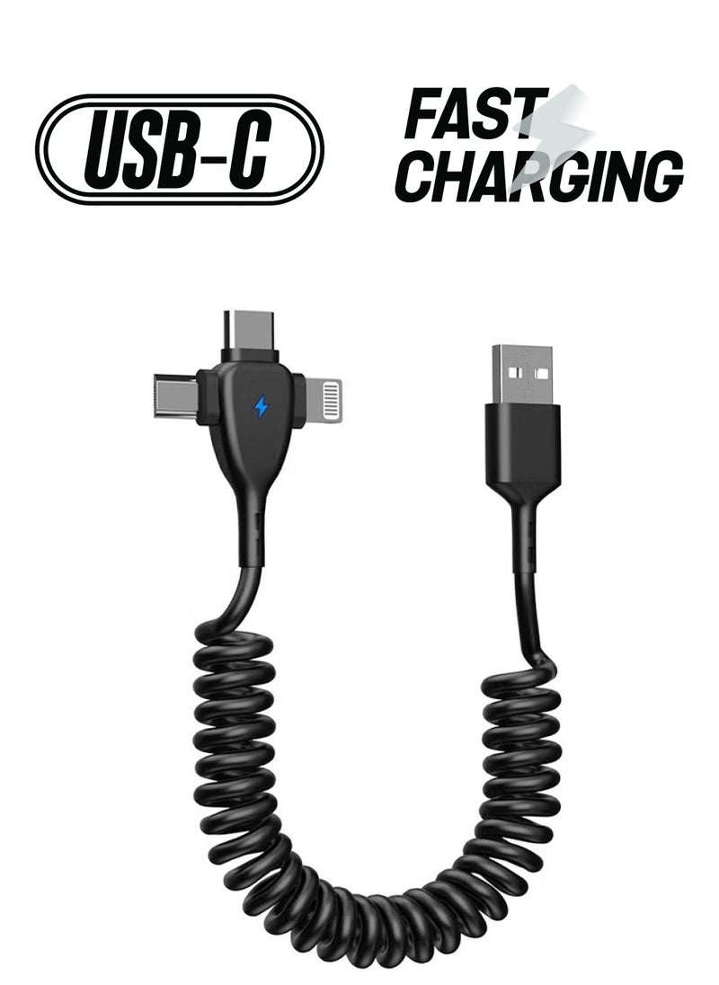 اتش واي 3 في 1 ملفوف كابل البرق لفائف السيارة كابل شاحن اي فون، كابل USB شاحن سريع متوافق مع لايتنينج تايب-سي مايكرو يو إس بي لآيفون 16 14 13 12 11 XS XR X 8 7 دعم دائرة الرقابة الداخلية الروبوت أقراص PC  - Image 1