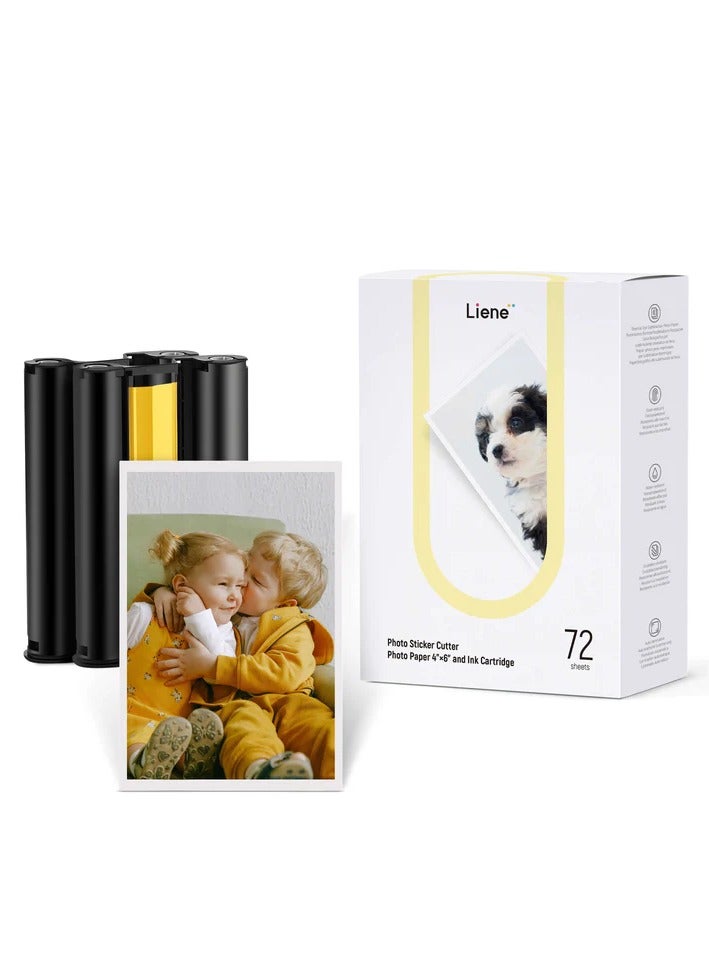 Liene ورق طباعة وصندوق حبر ليني، 2 عبوة حبر و72 ورقة طباعة صور، 4x6"، تقنية صبغ تحت الضغط، مقاوم للماء والأكسدة، متوافق مع طابعة وقاطع ملصقات الصور ليني بيكس كات S1 - Image 1