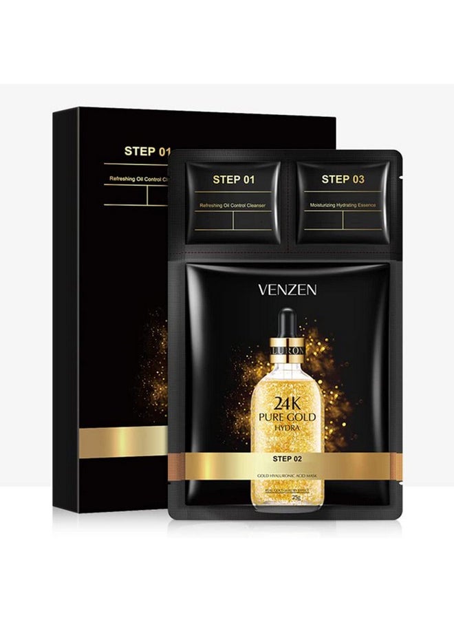 VENZEN - 3 Steps 24K Gold Hyaluronic Acid Mask Refreshing Oil Control Cleanser Moisturizing Hydrating Essence 5 Pack - Image 1