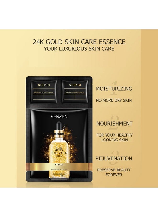 VENZEN - 3 Steps 24K Gold Hyaluronic Acid Mask Refreshing Oil Control Cleanser Moisturizing Hydrating Essence 5 Pack - Image 1