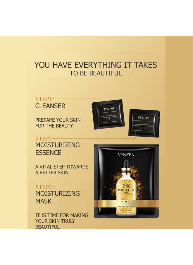 VENZEN - 3 Steps 24K Gold Hyaluronic Acid Mask Refreshing Oil Control Cleanser Moisturizing Hydrating Essence 5 Pack - Image 1