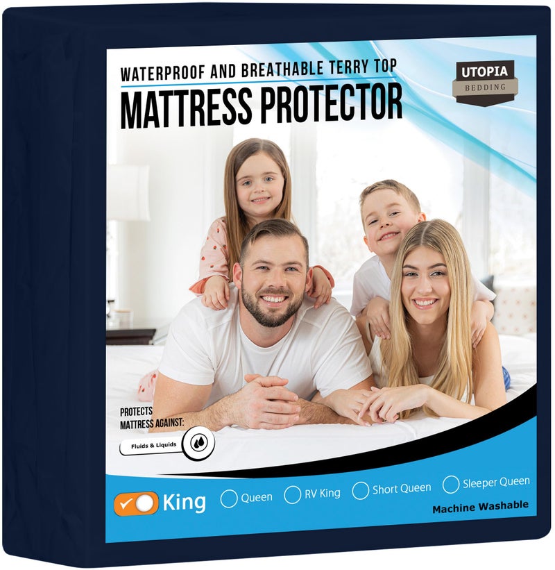 Utopia Bedding Waterproof Mattress Protector King Size, Premium Terry Mattress Cover 200 GSM, Breathable, Fitted Style with Stretchable Pockets (Navy Blue) - Image 1