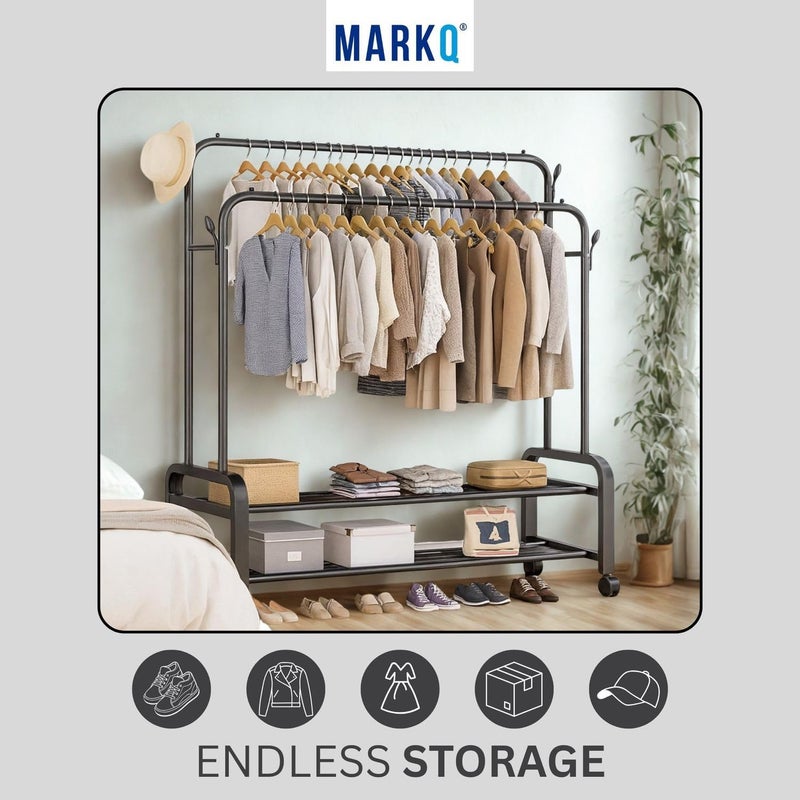 MARKQ حامل تجفيف الملابس الثقيل مع عجلات - رف ملابس مزدوج وقائم للتعليق | منظم غسيل محمول مع رف تخزين، رف ملابس قابل للطي قائم بذاته - أسود/أبيض متنوع - Image 2