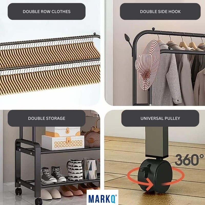 MARKQ حامل تجفيف الملابس الثقيل مع عجلات - رف ملابس مزدوج وقائم للتعليق | منظم غسيل محمول مع رف تخزين، رف ملابس قابل للطي قائم بذاته - أسود/أبيض متنوع - Image 4