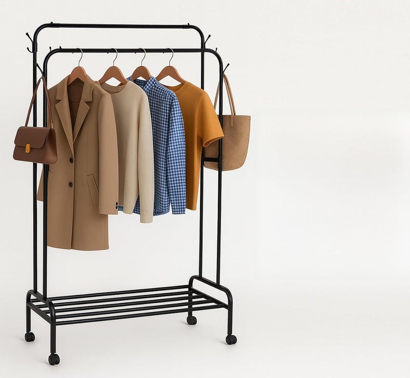 MARKQ حامل تجفيف الملابس الثقيل مع عجلات - رف ملابس مزدوج وقائم للتعليق | منظم غسيل محمول مع رف تخزين، رف ملابس قابل للطي قائم بذاته - أسود/أبيض متنوع - Image 1