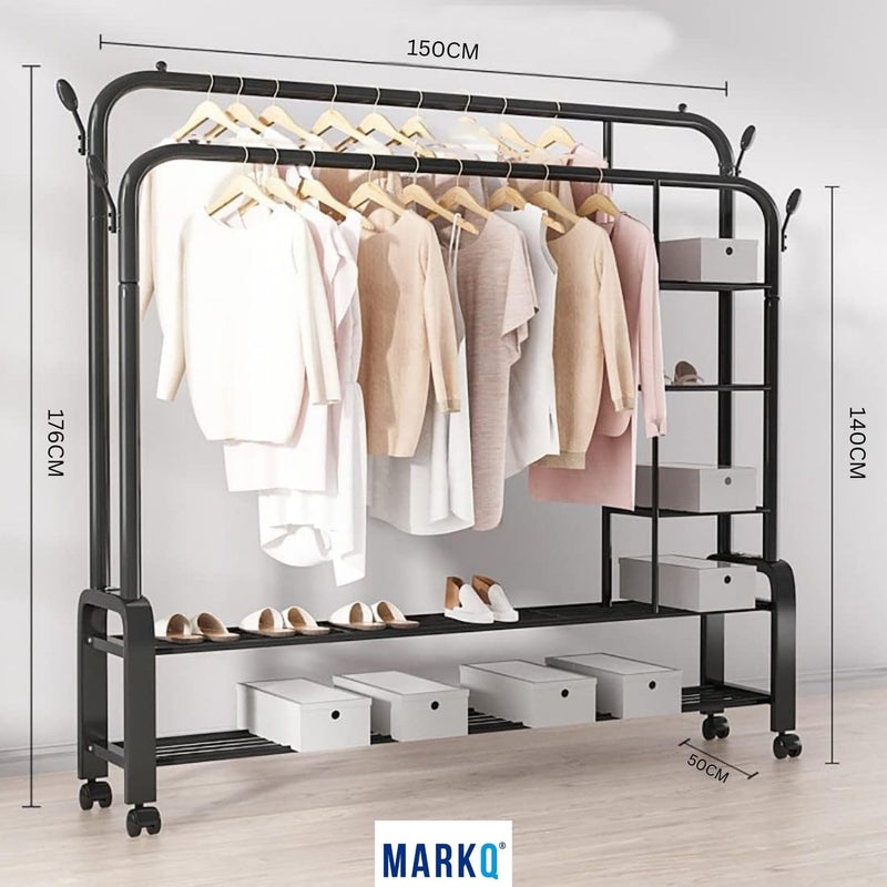 MARKQ حامل تجفيف الملابس الثقيل مع عجلات - رف ملابس مزدوج وقائم للتعليق | منظم غسيل محمول مع رف تخزين، رف ملابس قابل للطي قائم بذاته - أسود/أبيض متنوع - Image 3