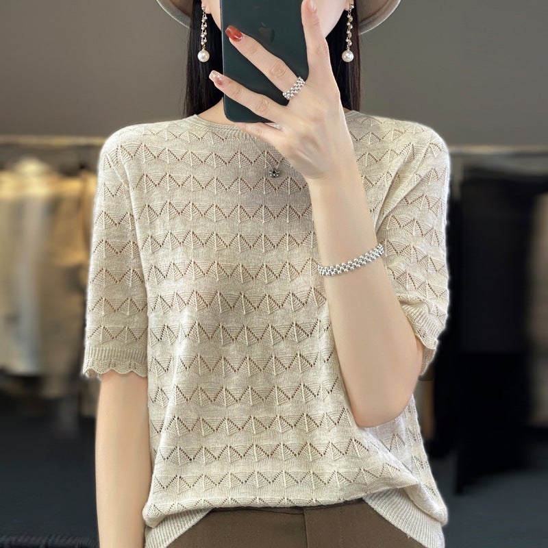 Z-Line Ready-To-Wear Fine Wool Short-Sleeve T-Shirt For Women, New Summer Style, Round Neck, Hollow-Out, Thin Top, Stylish Base Shirt - Image 1