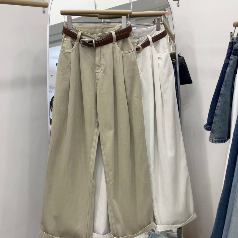 Khaki Color Denim Pants Womens High Waist Slimming Wide Leg Harem Straight Pants For Pear Shaped Body Early Autumn New Arrival White