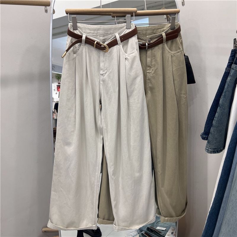 Khaki Color Denim Pants Womens High Waist Slimming Wide Leg Harem Straight Pants For Pear Shaped Body Early Autumn New Arrival White