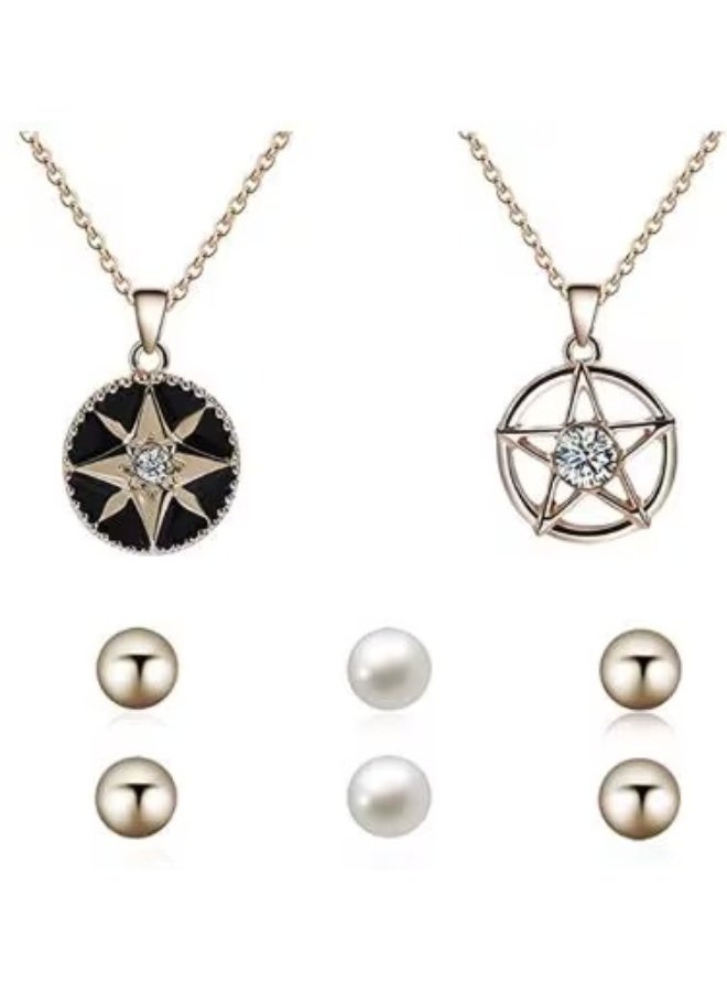 PINKHJewelrySet,CrystalInlayStarPendantNecklacesandStudEarringsSetforWomenandGirls