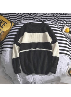 Generic Mens Hong Kong Style Striped Loose-fit Sweater Round Neck Casual Knitted Top Long Sleeve Pullover Trendy Casual Knit Top Black 